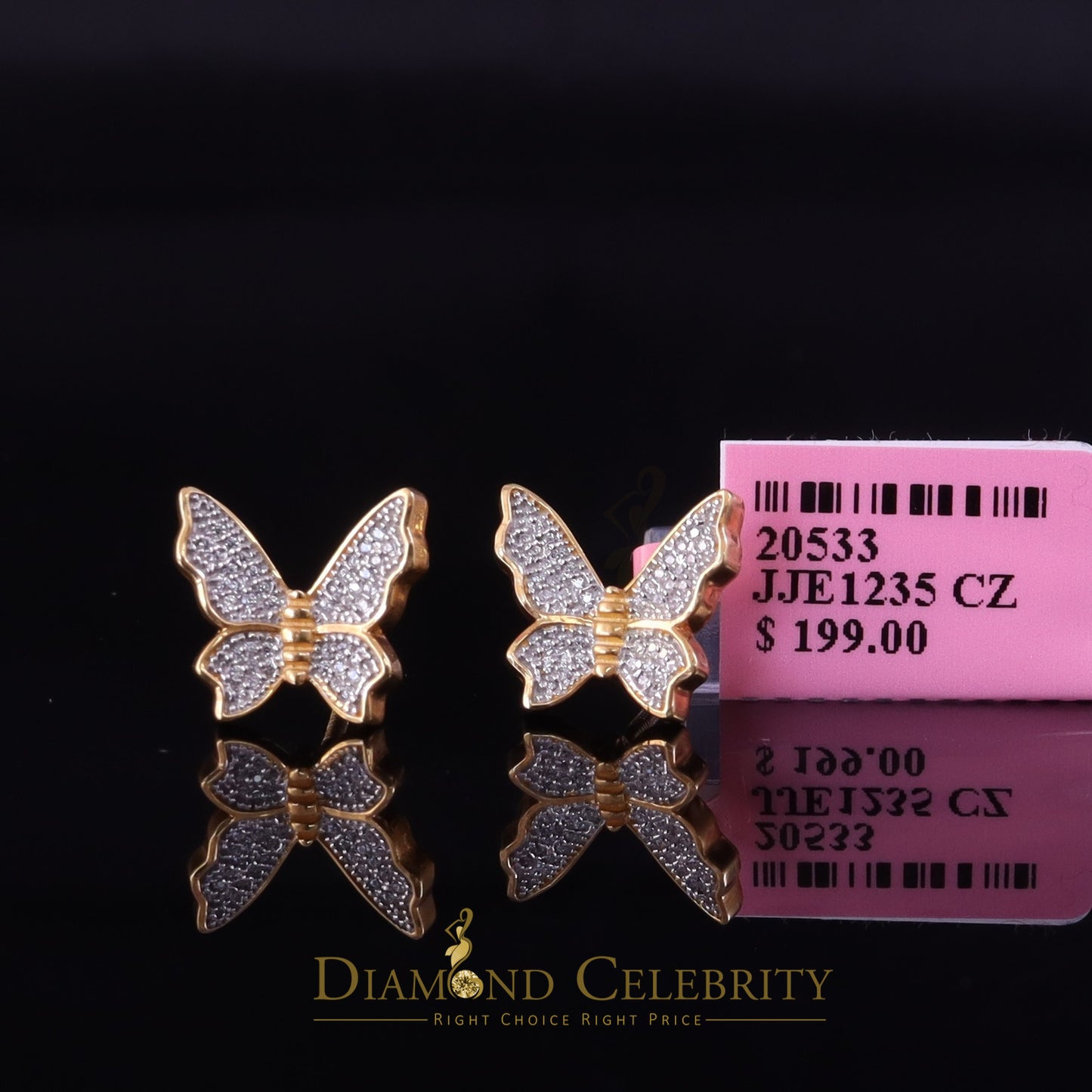 DiamondCelebritees Butterfly Stud Earrings Yellow 925 Sterling Silver Women's 0.50ct Cubic Zirconia