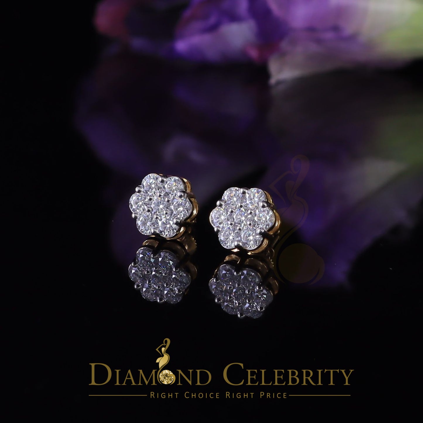 DiamondCelebritees Stud FLORAL Earrings 10k Real Yellow Gold 1.50ct VVS 'D' Color Real Moissanite