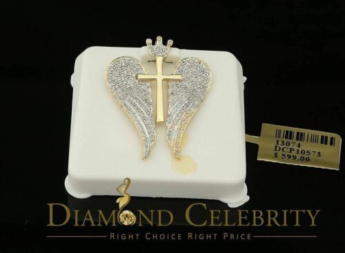 DiamondCelebritees Real 0.44ct Diamond 925 Sterling Silver CROSS with WINGS Necklace Yellow Pendant