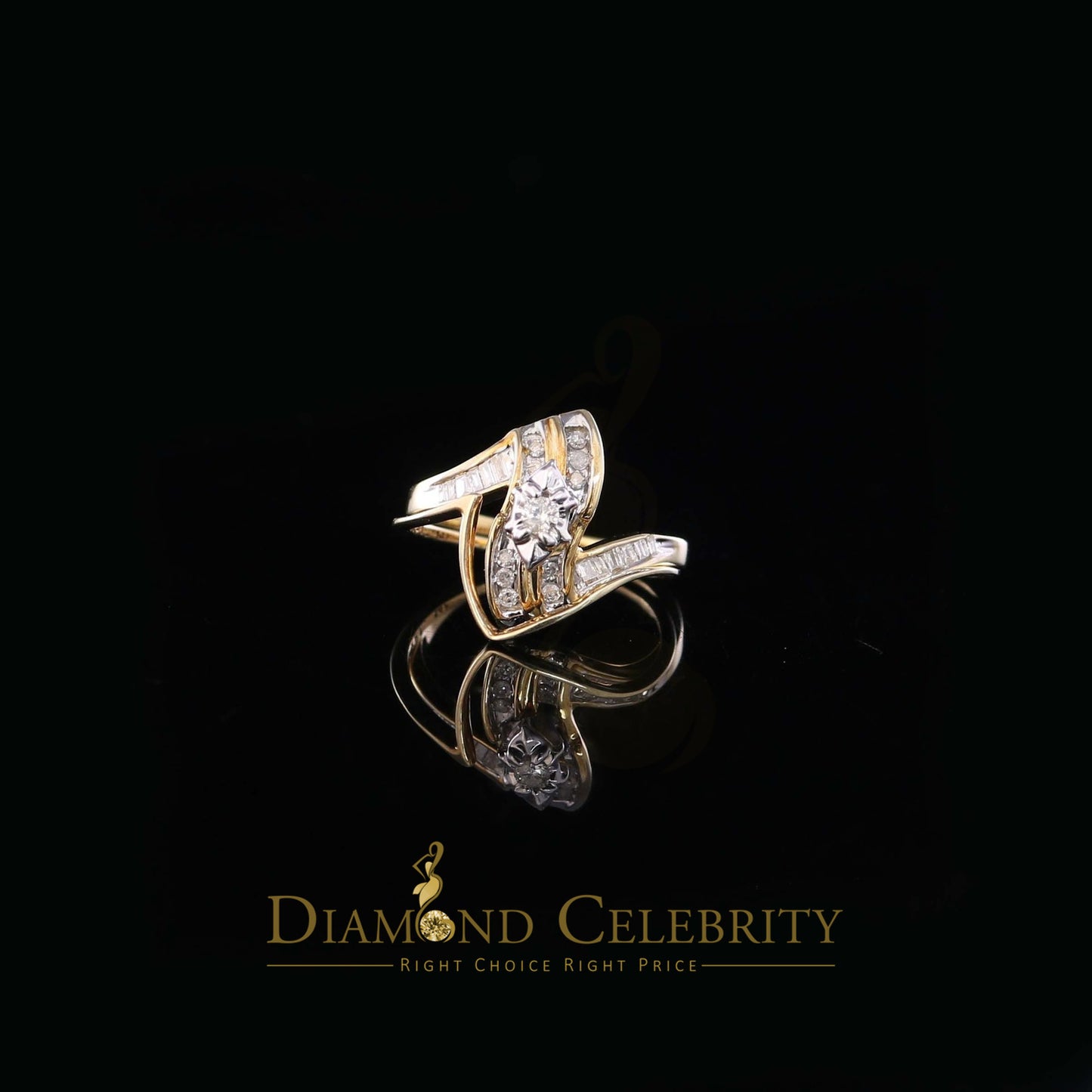 DiamondCelebritees Real 14 kt Yellow Gold with 0.25CT Real Diamond BUGGET 'Z' Shape Ring Size 6.5