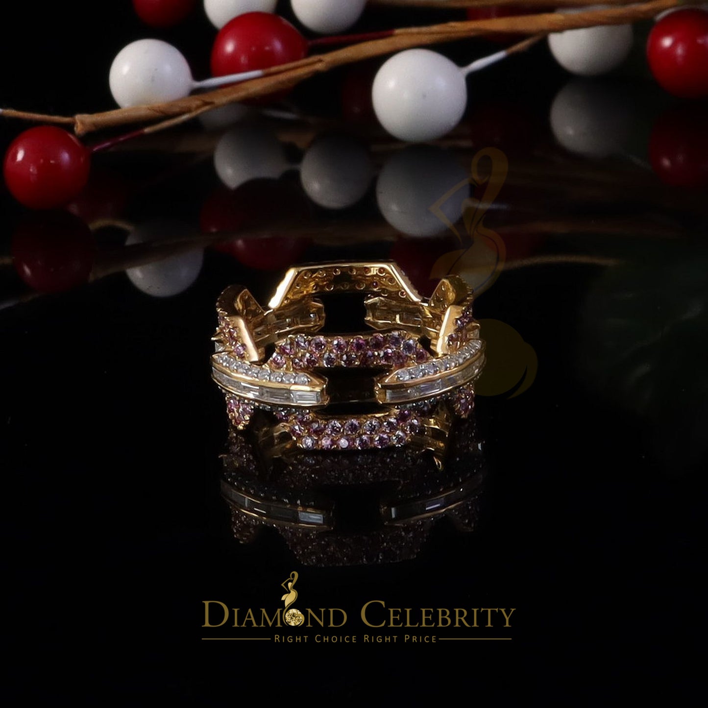 DiamondCelebritees 2.50CT Womens Pink Moissanite VVS D 925 Yellow Silver Baguette Eternity Ring Sz8