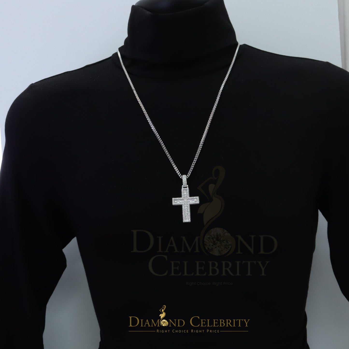 Diamondcelebritees Moissanite Bagutte Cross Pendant Men's 925 Silver White 7.50ct VVS D Clr.