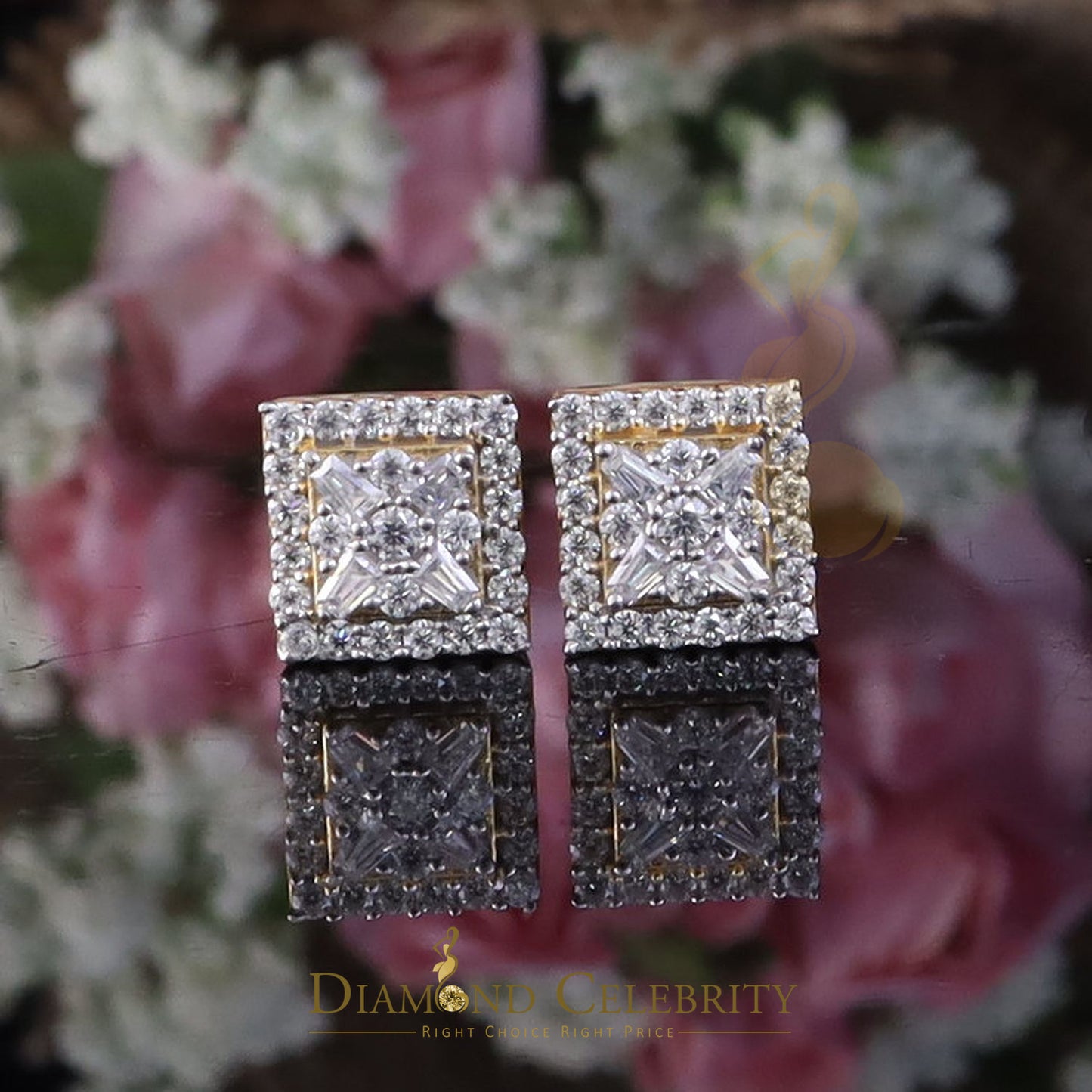 DiamondCelebritees New Women's/Men's 925 Silver Yellow 0.75ct VVS D Moissanite Square Stud Earrings