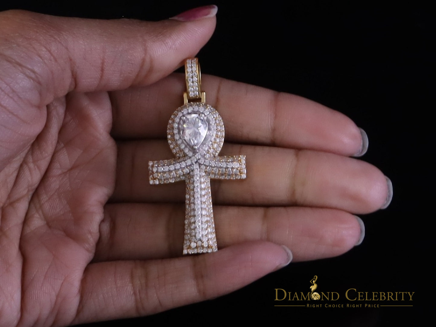 Diamondcelebritees 4.00ct VVS D Pear Shape Stone Yellow Charm Ankh Pendant Mens Silver Moissanite