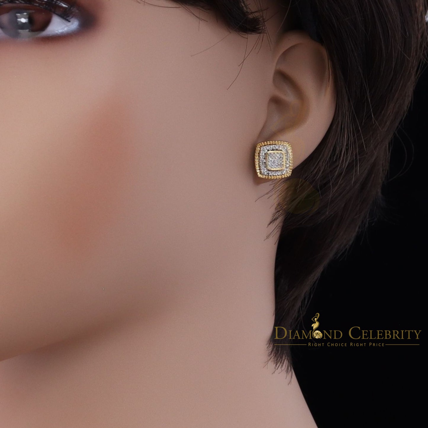 DiamondCelebritees Real 10K Yellow Gold Real Diamond 0.50 CT Men and Ladies Square Stud Earring
