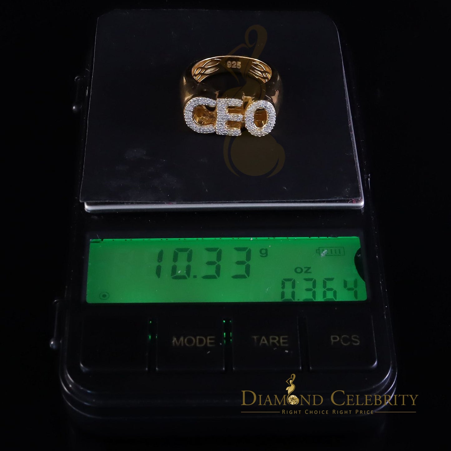 DiamondCelebritees Stylish 925 Yellow Silver 0.40ct Real Micro Diamond Men's "CEO" word Ring SZ 8