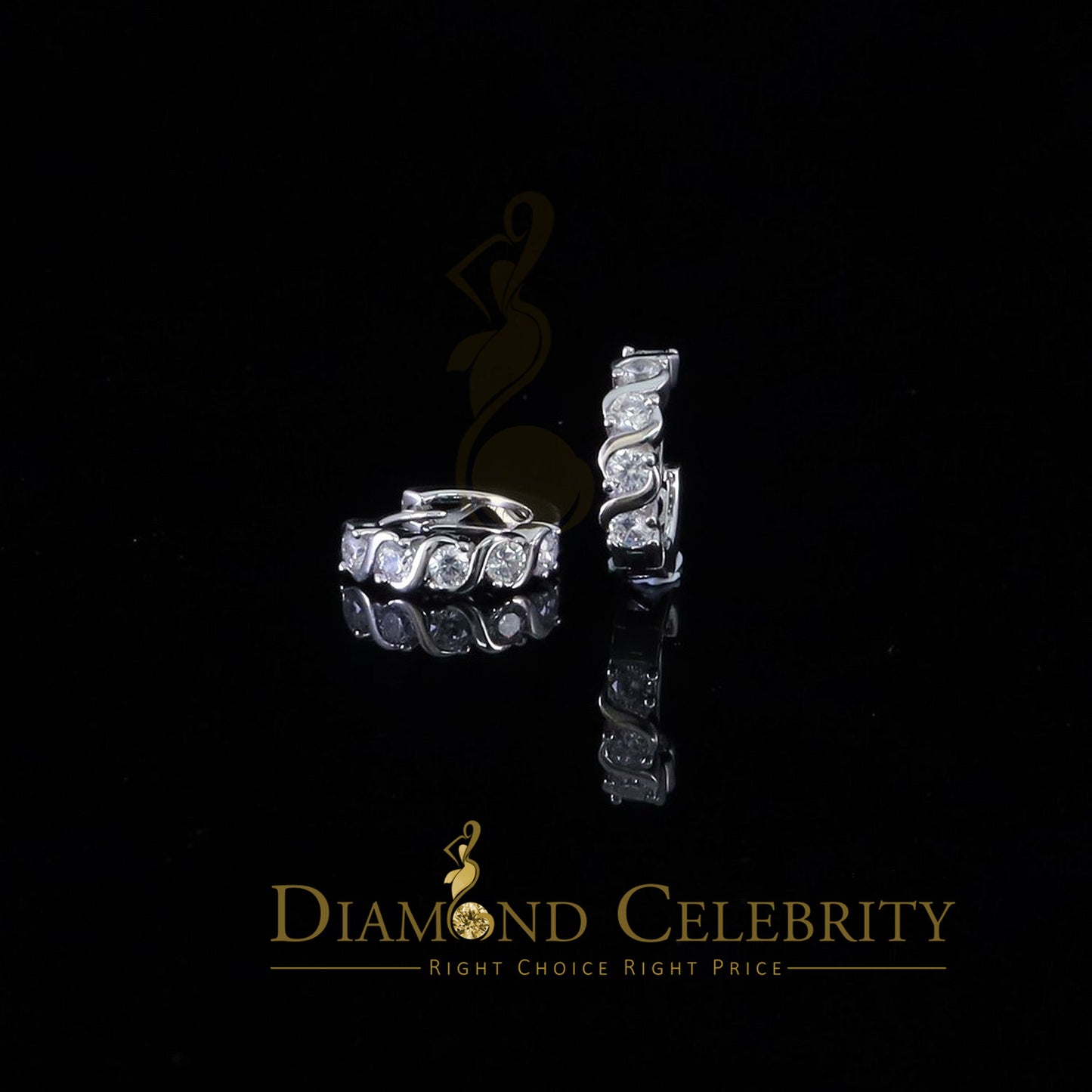 DiamondCelebritees Hip Hop Men's White 925 Sterling Silver Cubic Zirconia 1 row Huggie Hoop Earring
