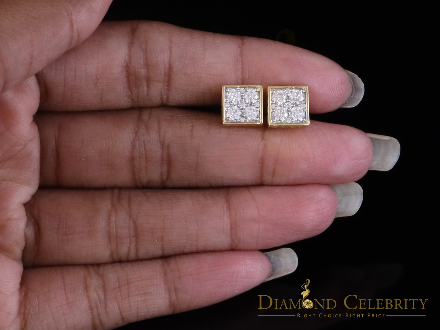 DiamondCelebritees 1.00ct VVS 'D' Moissanite 925 Yellow Silver Square Stud Earring Men's/Womens
