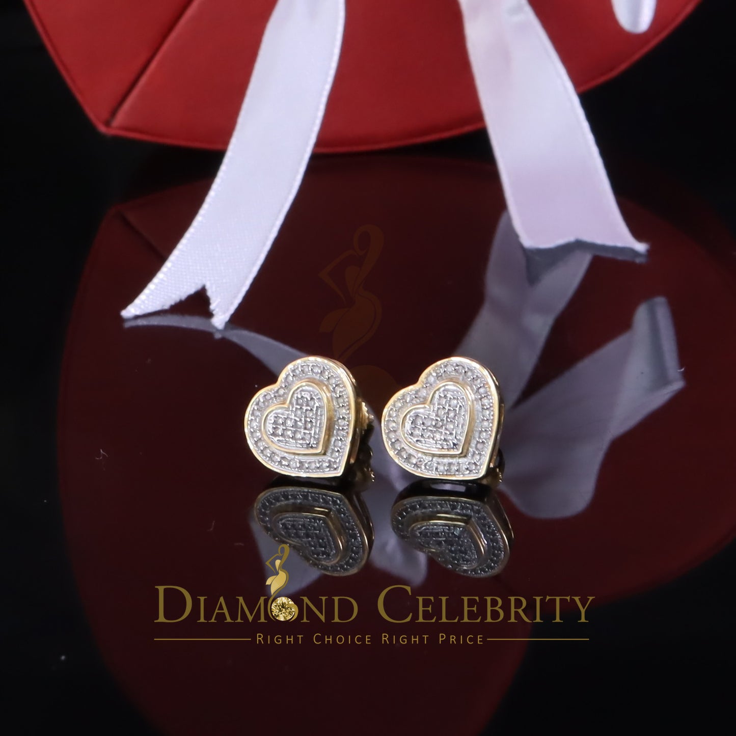 DiamondCelebriteesReal 10K Yellow Gold Heart Stud Earring with 0.25CT Diamond For Women And Men