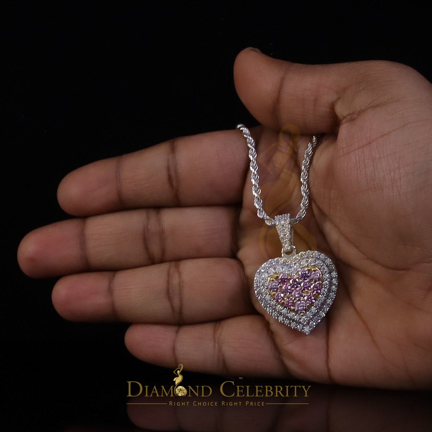 DiamondCelebritees 925 Silver White Women's 11.00 ct VVS'D' Pink Moissanite 3D Double Heart Pendant