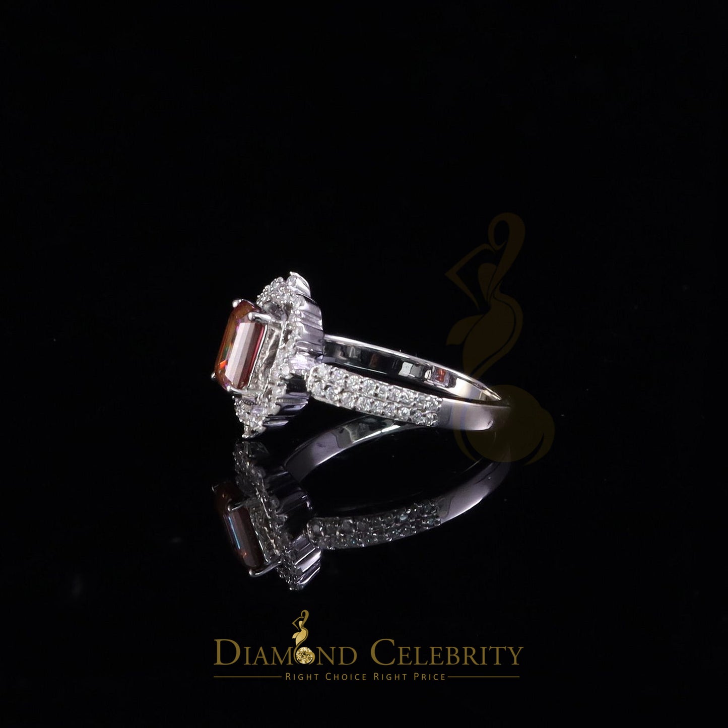 DiamondCelebritees 2.00CT Women's 925 Silver VVS D Pink & White Moissanite Emerald Ring SZ 7