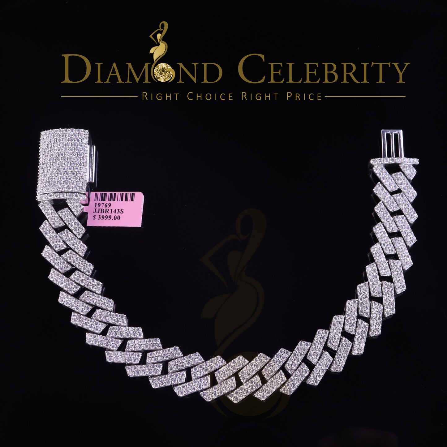 Diamondcelebritees 925 Silver 14.52ct Cubic Zirconia White Cuban Bracelete SZ 9 inch & 16mm Width