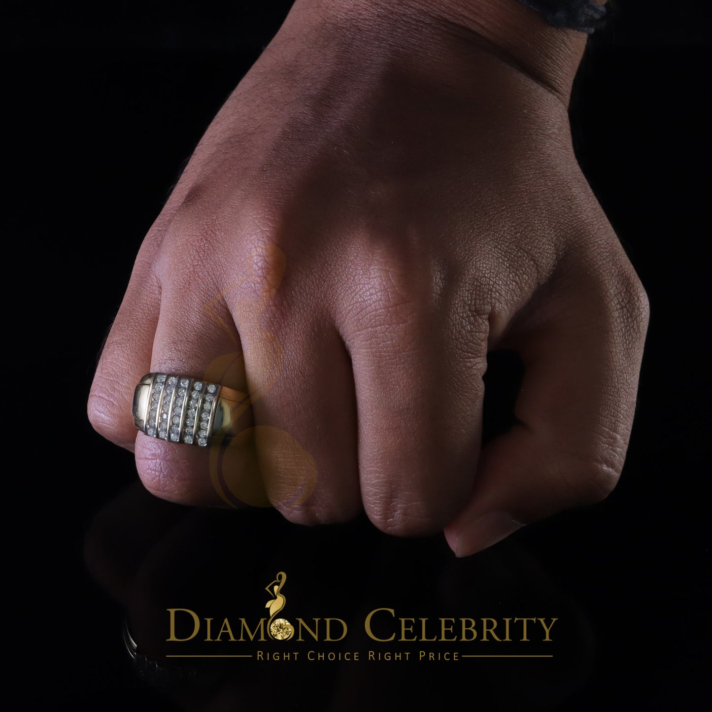 DiamondCelebritees Yellow Silver Rhodium Plated CZ 1.40ct Wide Band Men Adjustable Ring SZ 8 to 10