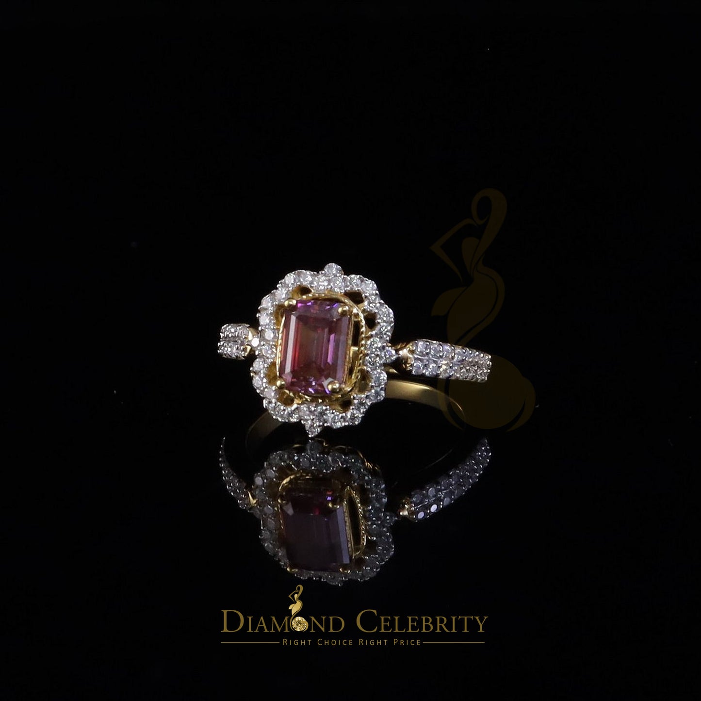 DiamondCelebritees 2.00CT Women's 925 Silver Yellow VVS D Pink & White Moissanite Emerald Ring SZ 7