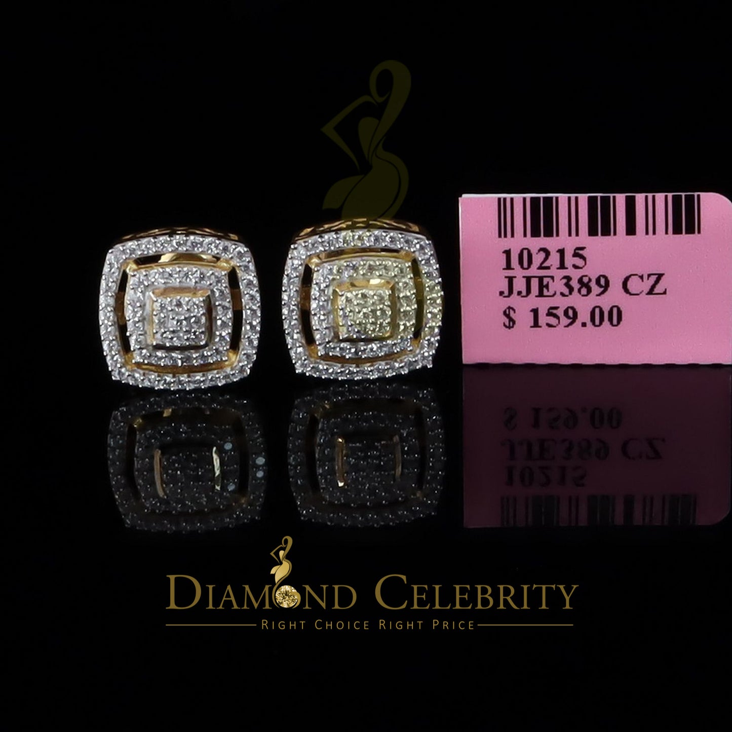 DiamondCelebritees 925 Yellow Sterling Silver 1.22ct Cubic Zirconia Women's Hip Hop Square Earrings