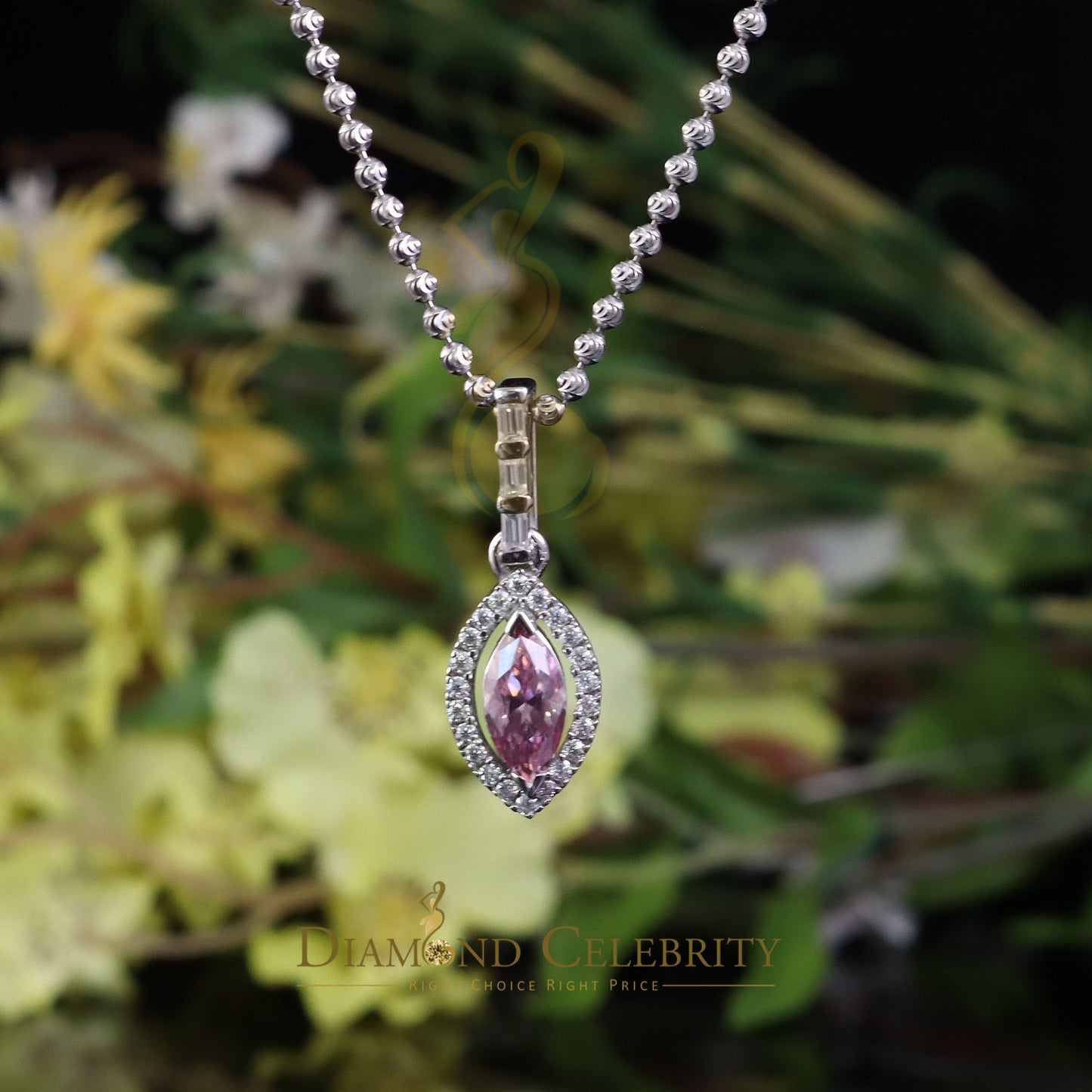 Diamondcelebritees Simple Women's 925 Silver White 1.25 ct VVS 'D' Pink Marquis Moissanite Pendant