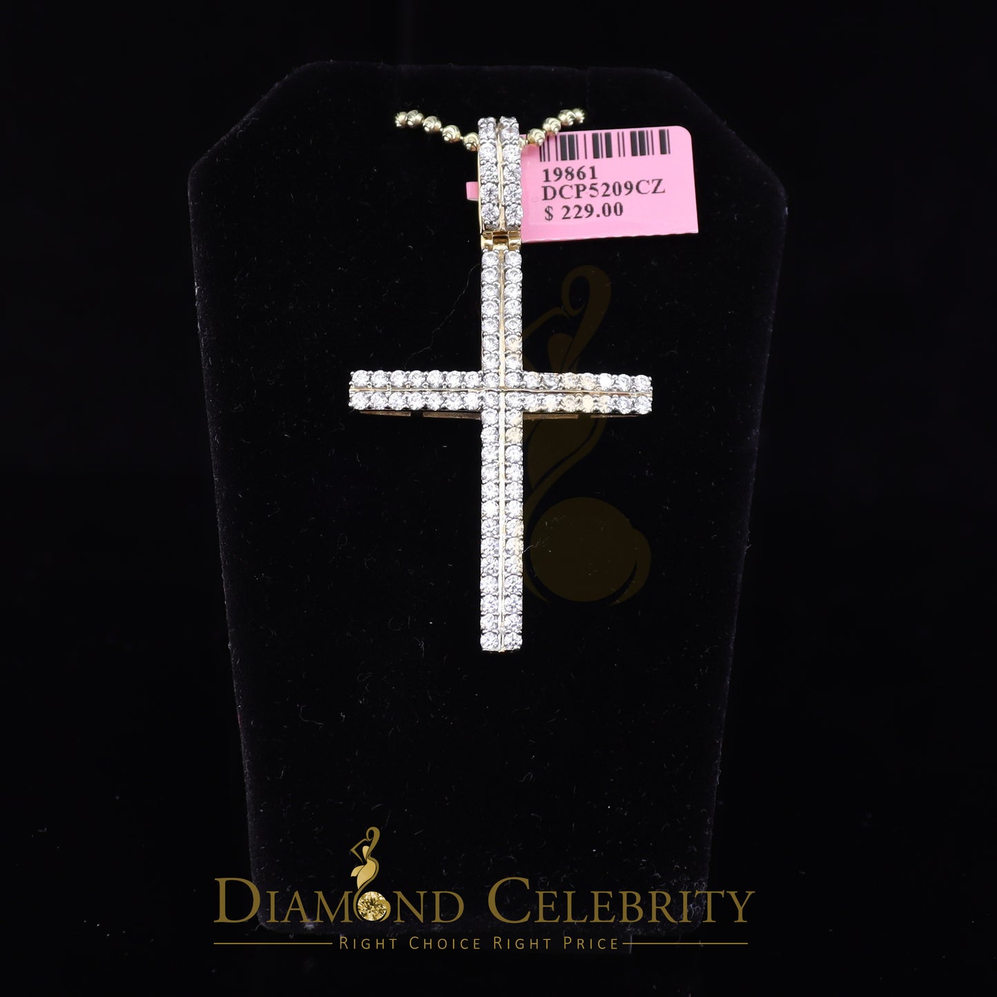 DiamondCelebritees Attractive Yellow 2 Rows CROSS Sterling Sliver Pendent 4.10ct Cubic Zirconia