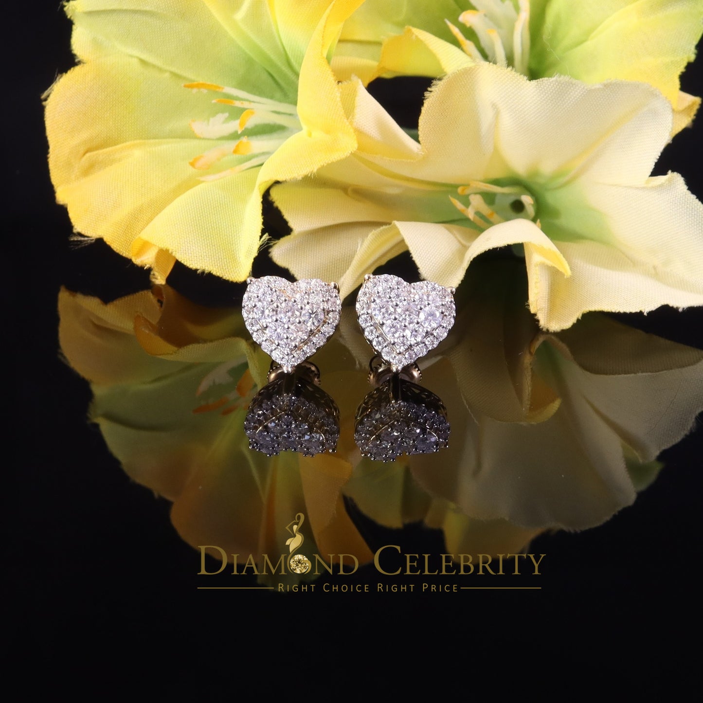 DiamondCelebritees Men's/Womens 925 Silver Yellow 1.25ct VVS 'D' Moissanite 3D Heart Stud Earrings