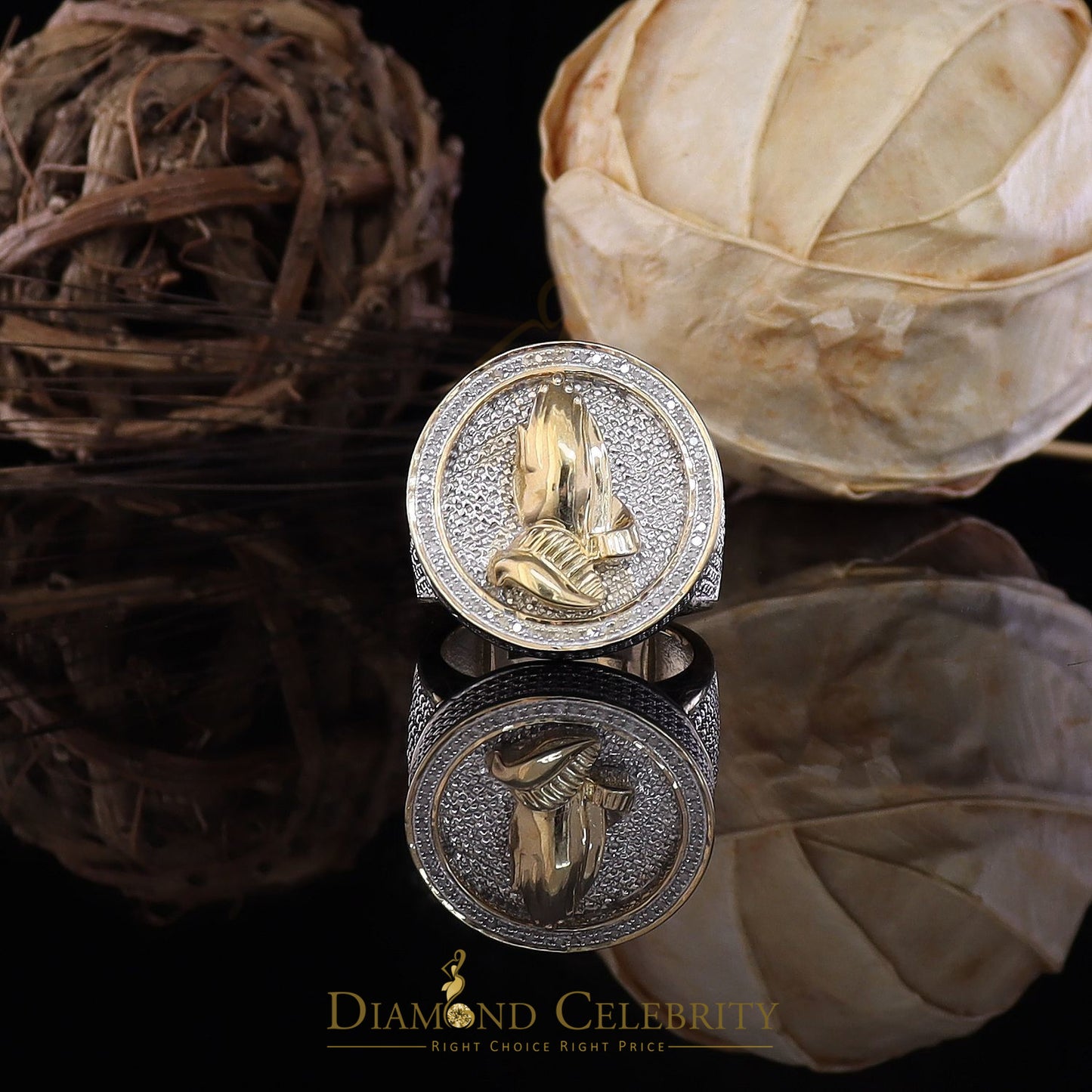 DiamondCelebritees Real Diamond 0.25CT Men's Silver Yellow Round Adjustable Ring From SZ 11 to 13