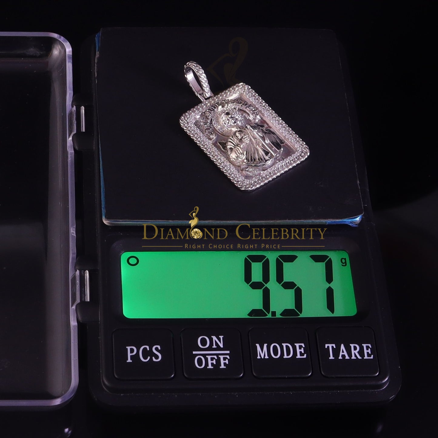 DiamondCelebritees Men's 925 San Judas Silver 0.66ct CZ Square 1.00 inch SAINT JUDE White Pendant