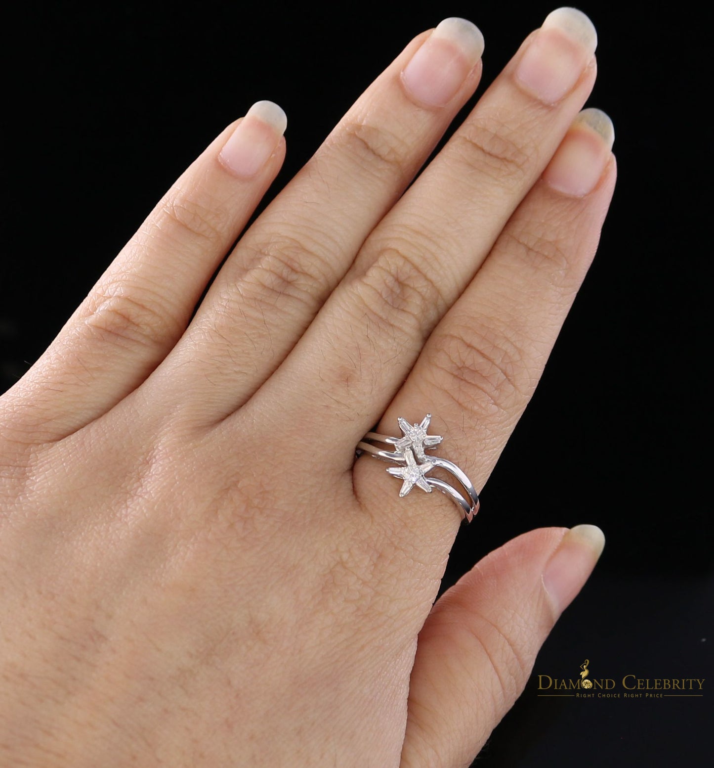 DiamondCelebritees Real 10kt White Gold with 0.25 CT Real Diamond Two Star shape Womens Ring Size 7