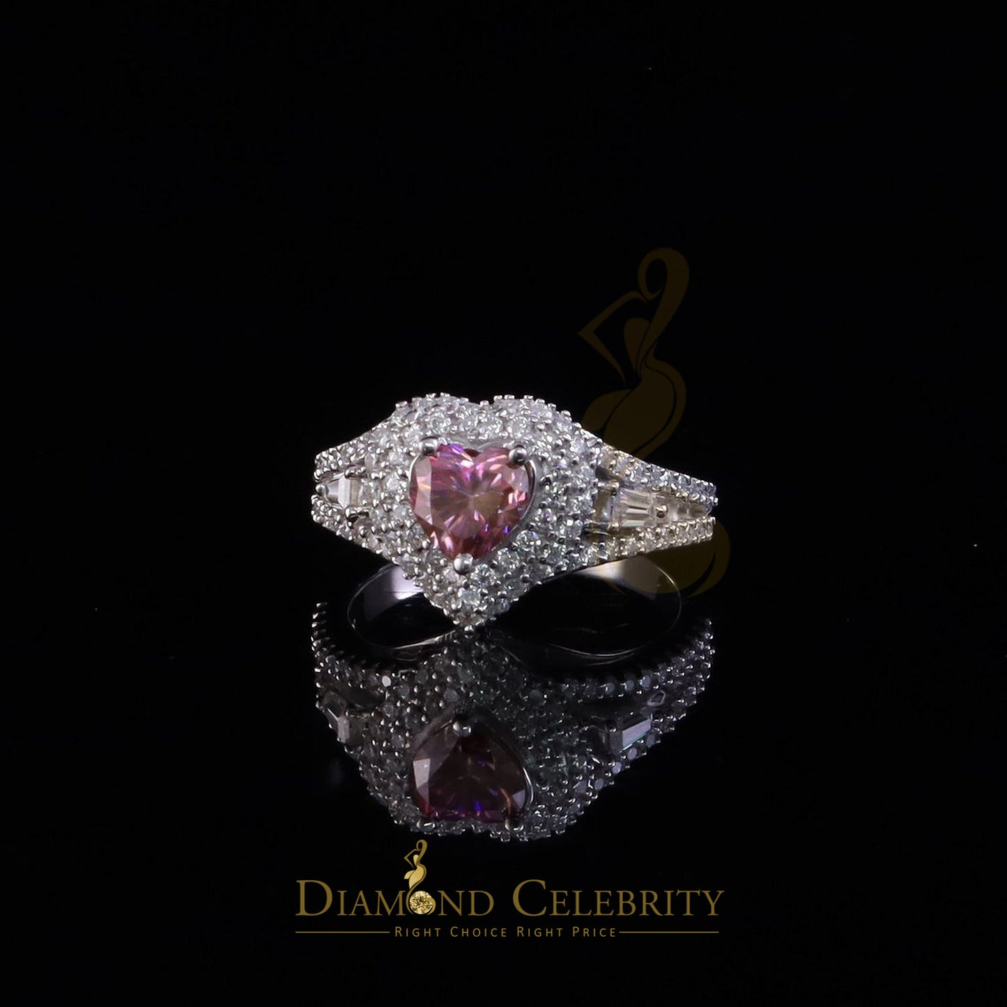 DiamondCelebritees 1.50CT Women's 925 Silver VVS D Pink & White Moissanite Heart Ring SZ 7