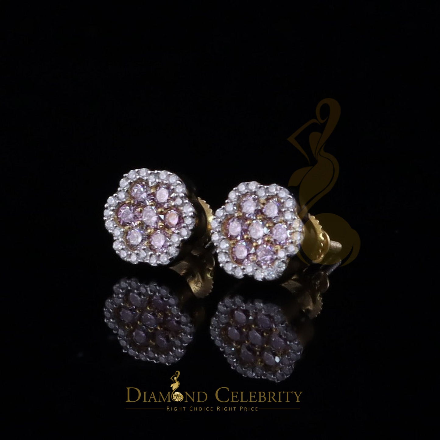DiamondCelebritees Mens/Women's 925 Silver Yellow 0.66ct VVS D Pink Moissanite Floral Stud Earrings