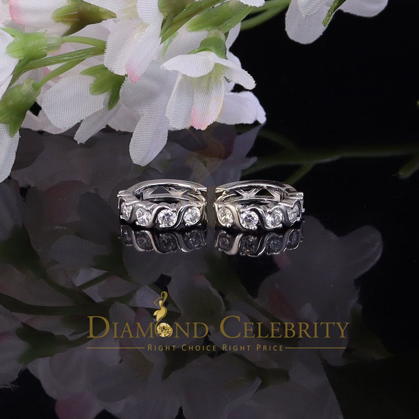 DiamondCelebritees Hip Hop Men's White 925 Sterling Silver Cubic Zirconia 1 row Huggie Hoop Earring