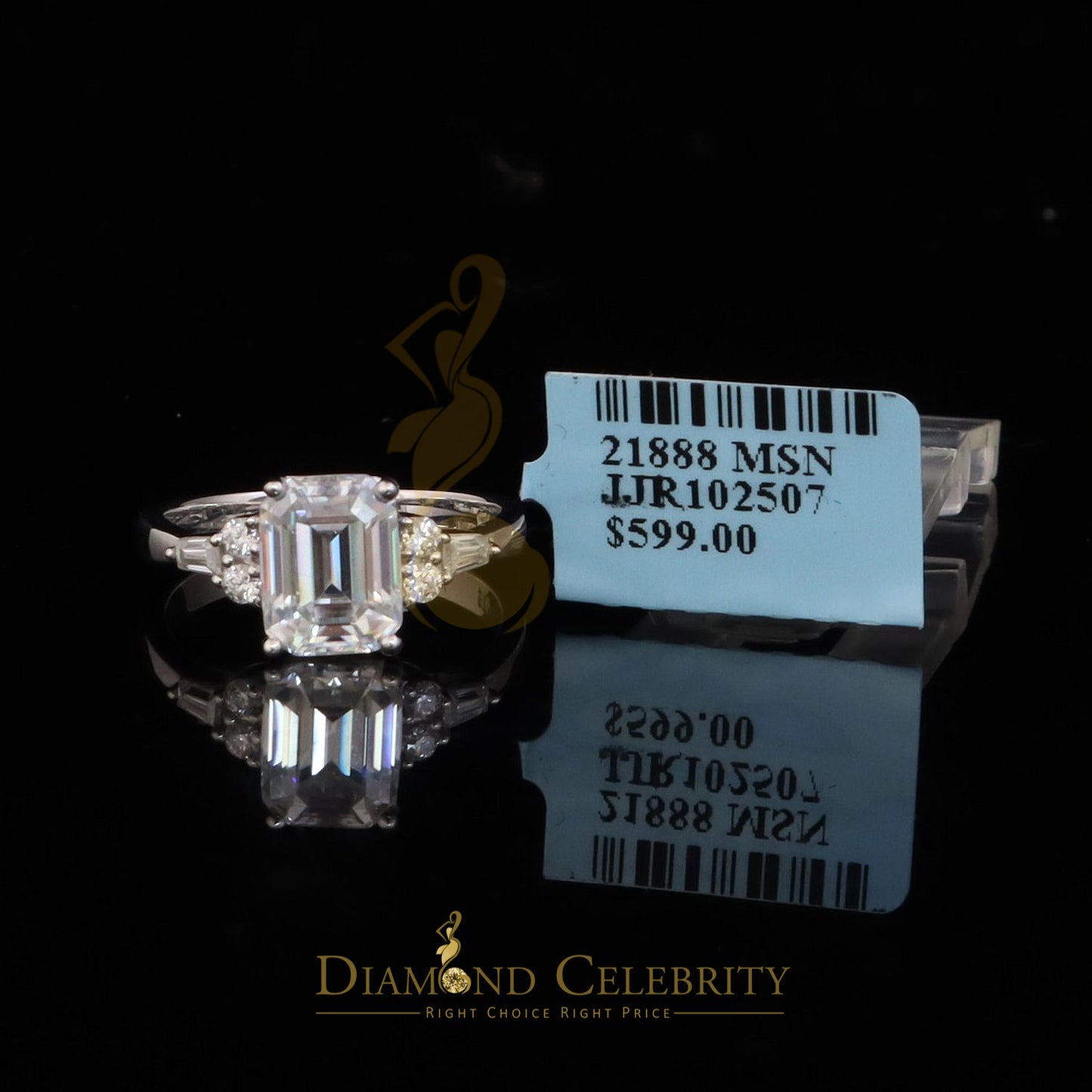 DiamondCelebritees 3.00CT Women's 925 Silver White VVS D Moissanite Emerald-cut Ring SZ 7