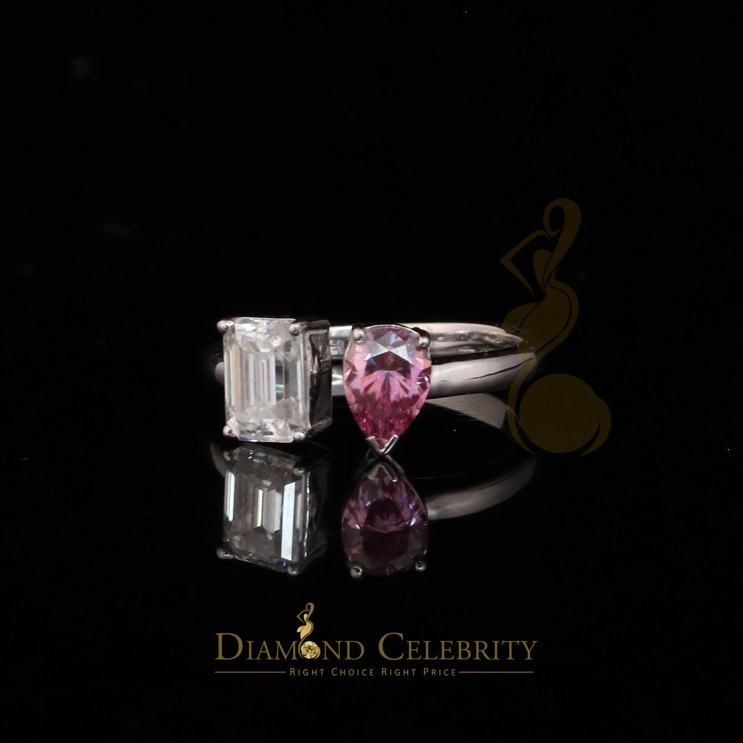 DiamondCelebritees 2.00CT Women's 925 Silver VVS D Pink & White Moissanite Pear Emerald Ring SZ 7
