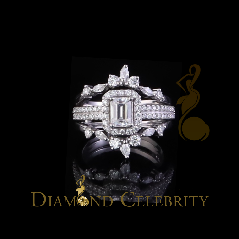 DiamondCelebritees 925 Silver Moissanite White 2.0ct Emerald Cut Round Guard Wrap womens Rings SZ 7