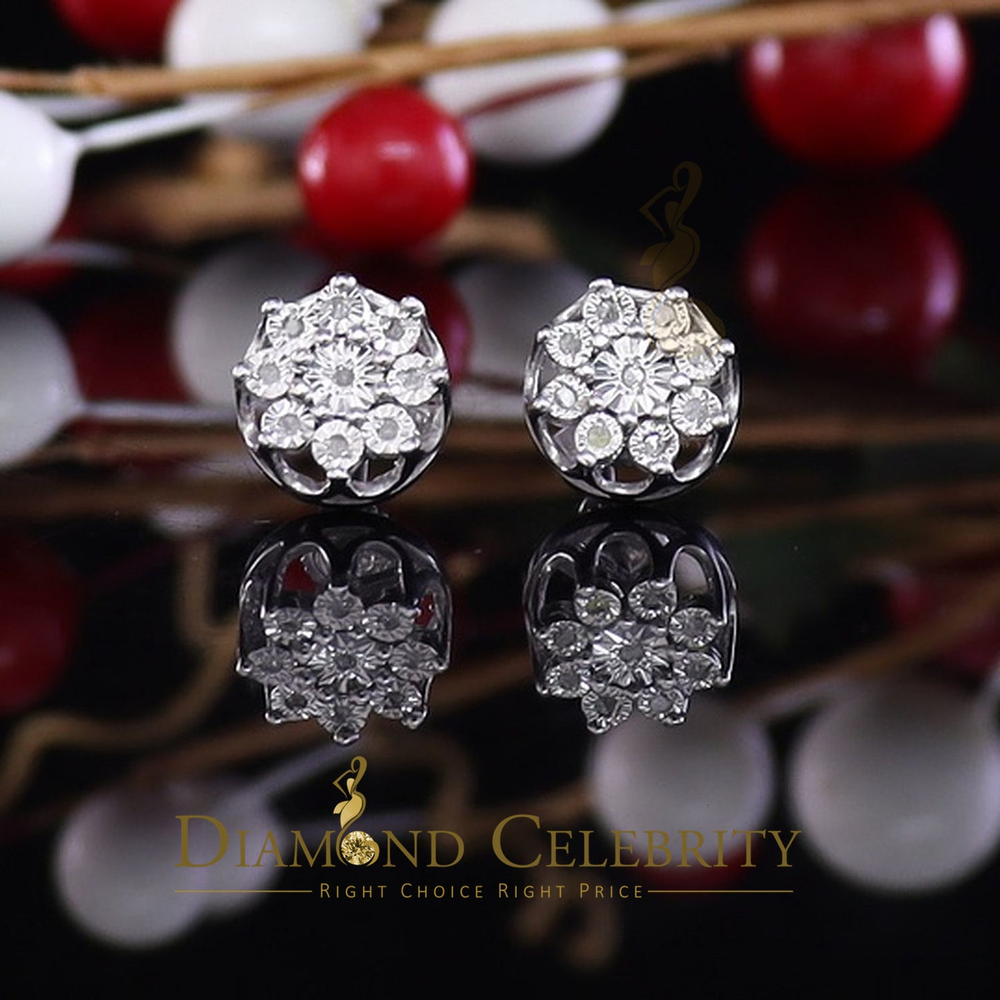 DiamondCelebritees 925 Sterling Silver White 0.10ct Diamond For Men's & Women's Floral Earrings