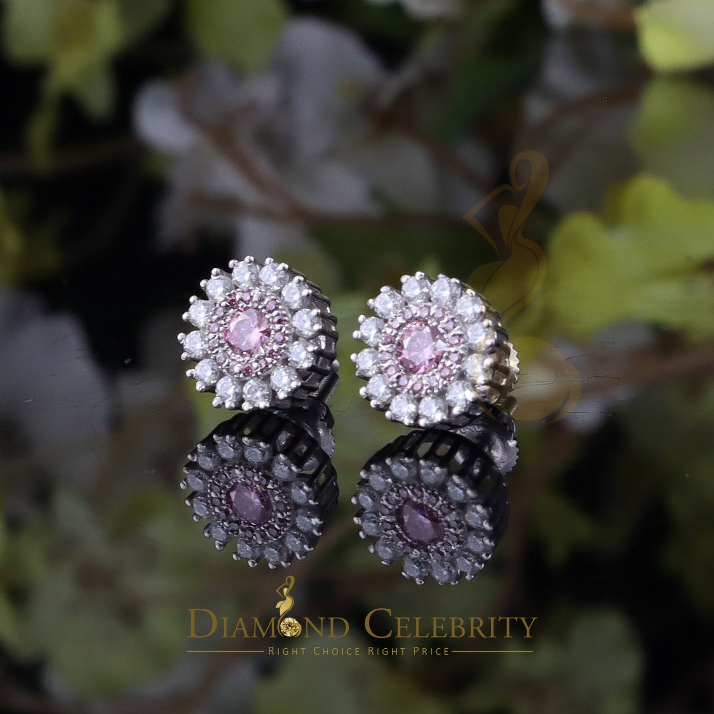 Diamondcelebritees 925 Silver White 1.00ct VVS 'D' Pink Moissanite Round Mens/Women's Stud Earrings