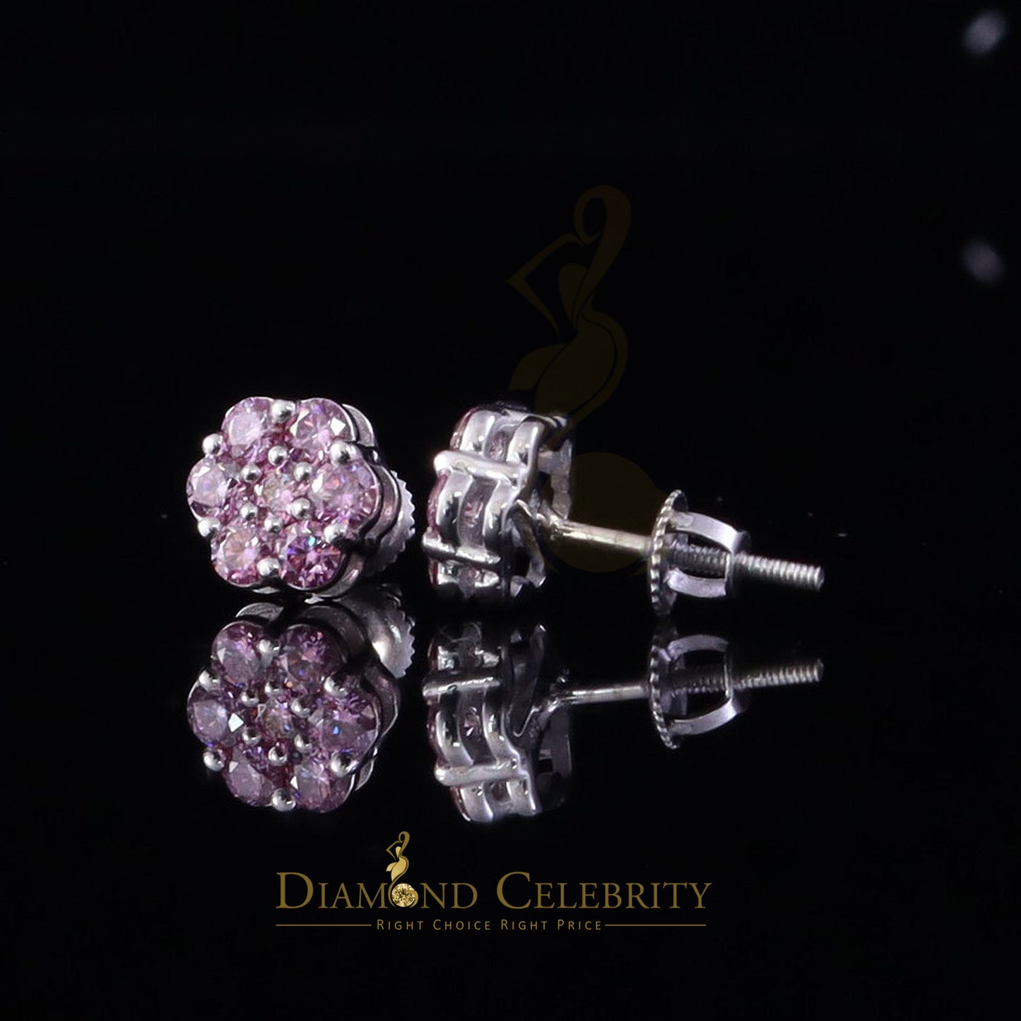 Diamondcelebritees Mens/Womens 925 Silver White 1.00ct VVS 'D' Pink Moissanite Floral Stud Earrings