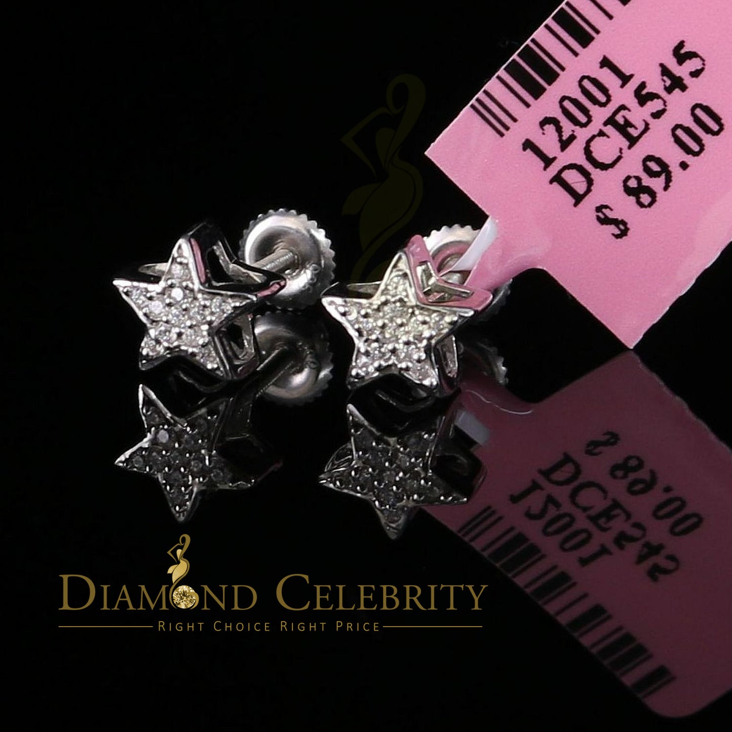 DiamondCelebritees Hip Hop 925 White Silver Screw Back 0.22ct Cubic Zirconia Women's Star Earrings