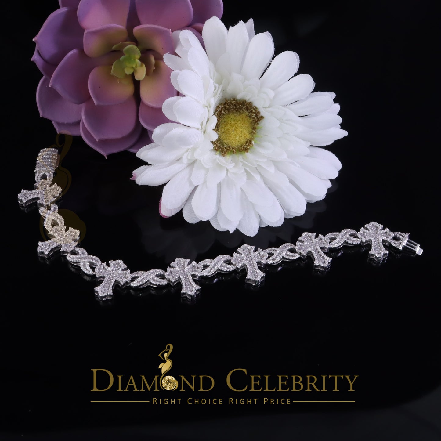 Diamondcelebritees 9.00ct Silver White 925 Moissanite budded cross Men's/Womens Bracelet 8 Inch.