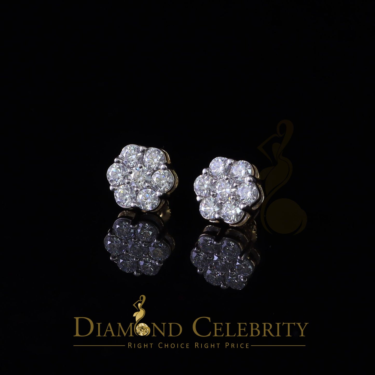 DiamondCelebritees Real Moissanite VVS 'D' Color 2.0ct 10k Real Yellow Gold Stud FLORAL Earrings