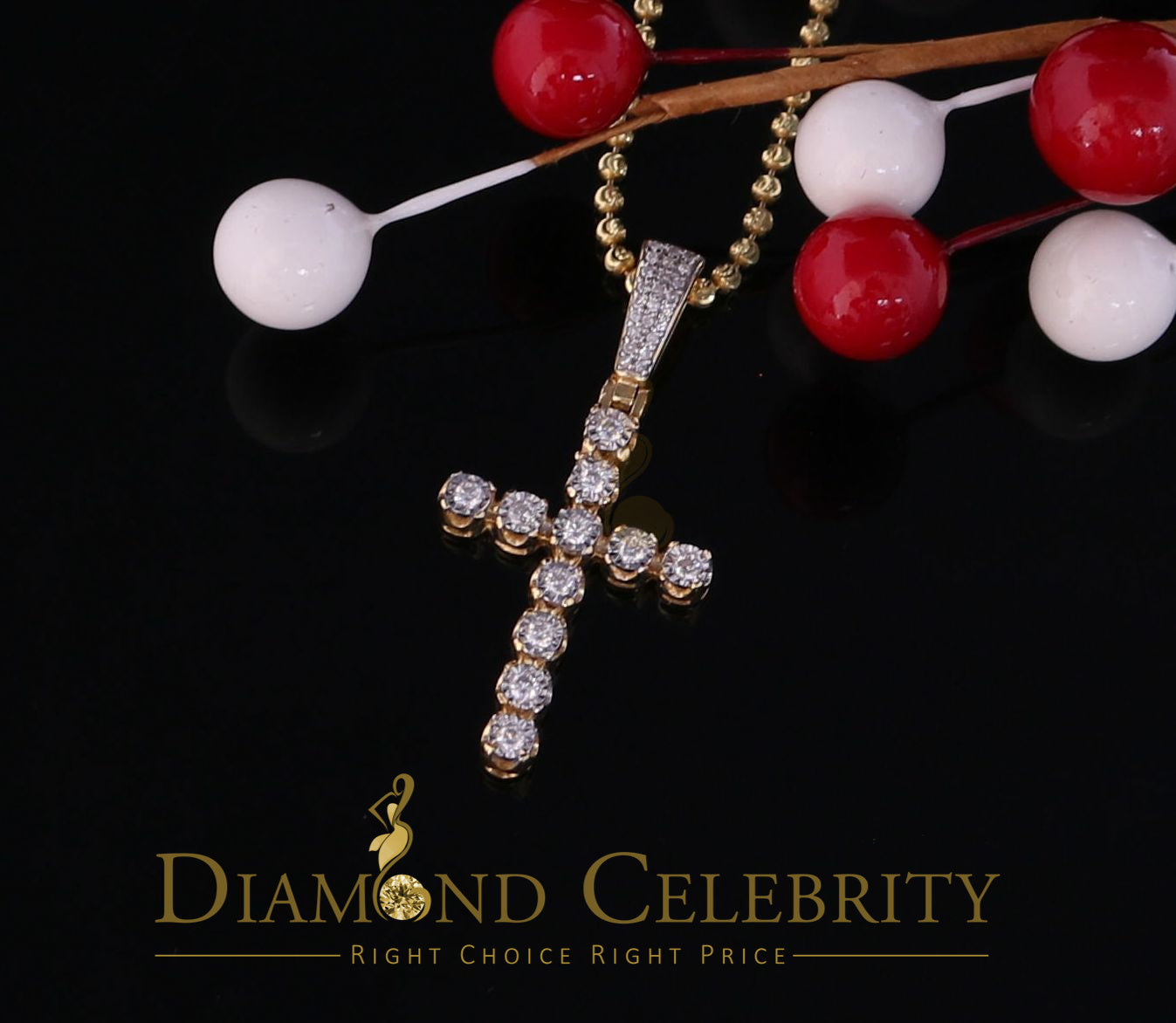 DiamondCelebritees Real 0.33ct Diamond Sterling Silver CROSS Charm Fashion Necklace Yellow Pendant