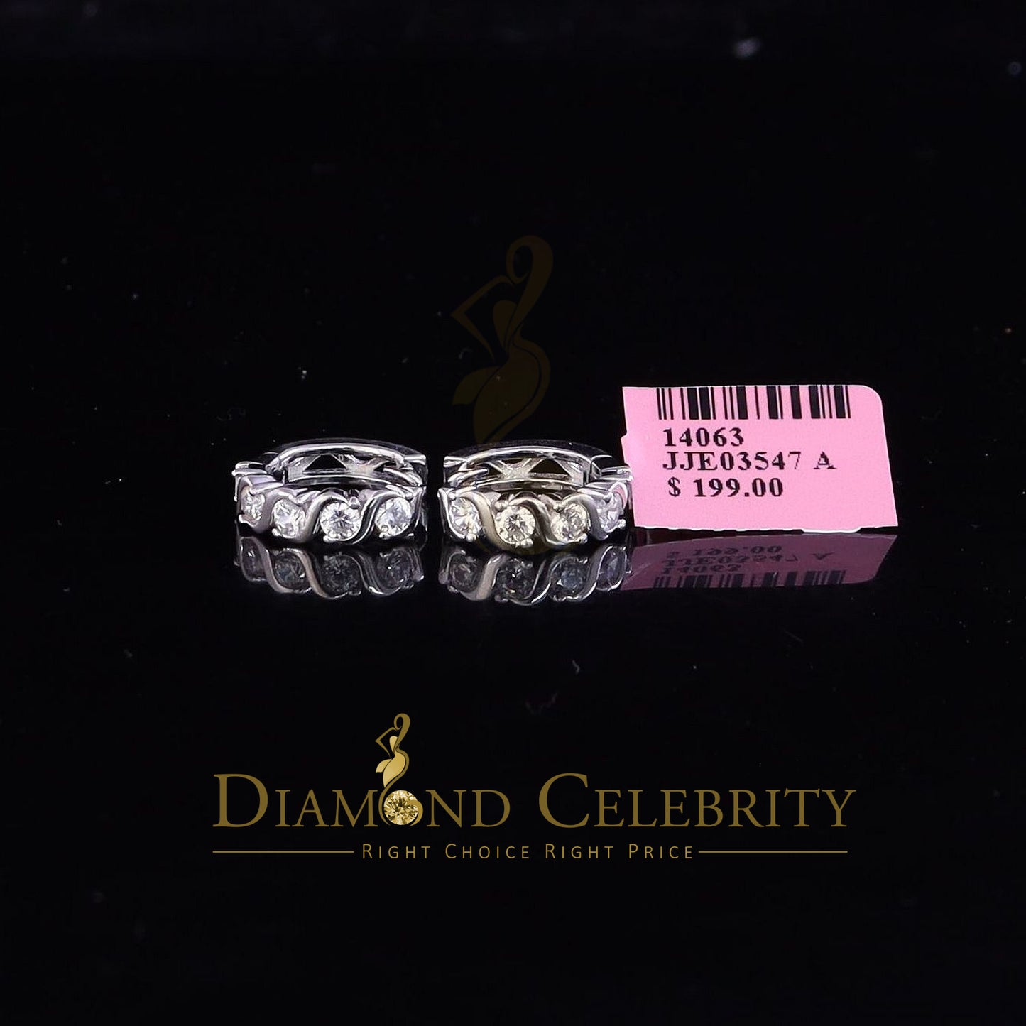 DiamondCelebritees Hip Hop Men's White 925 Sterling Silver Cubic Zirconia 1 row Huggie Hoop Earring