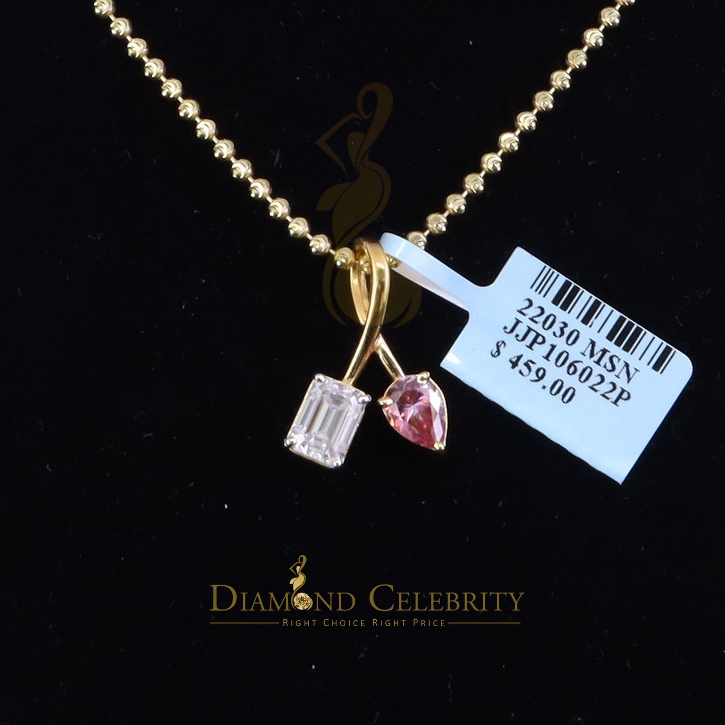 Diamondcelebritees Women's Yellow 925 Silver 2.00ct VVS D Pink Moissanite Pear & Emerald Pendant