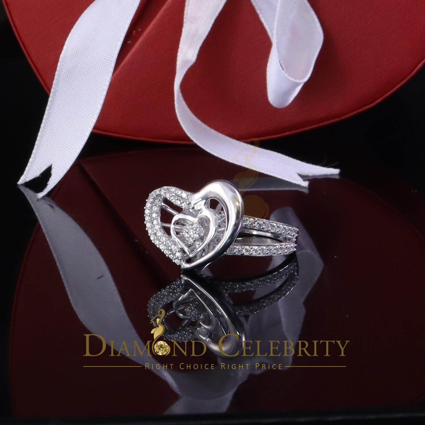 DiamondCelebritees 925 Silver Baguette 85 Cubic Zirconia Stones White Dual Heart Womens Ring SZ7.