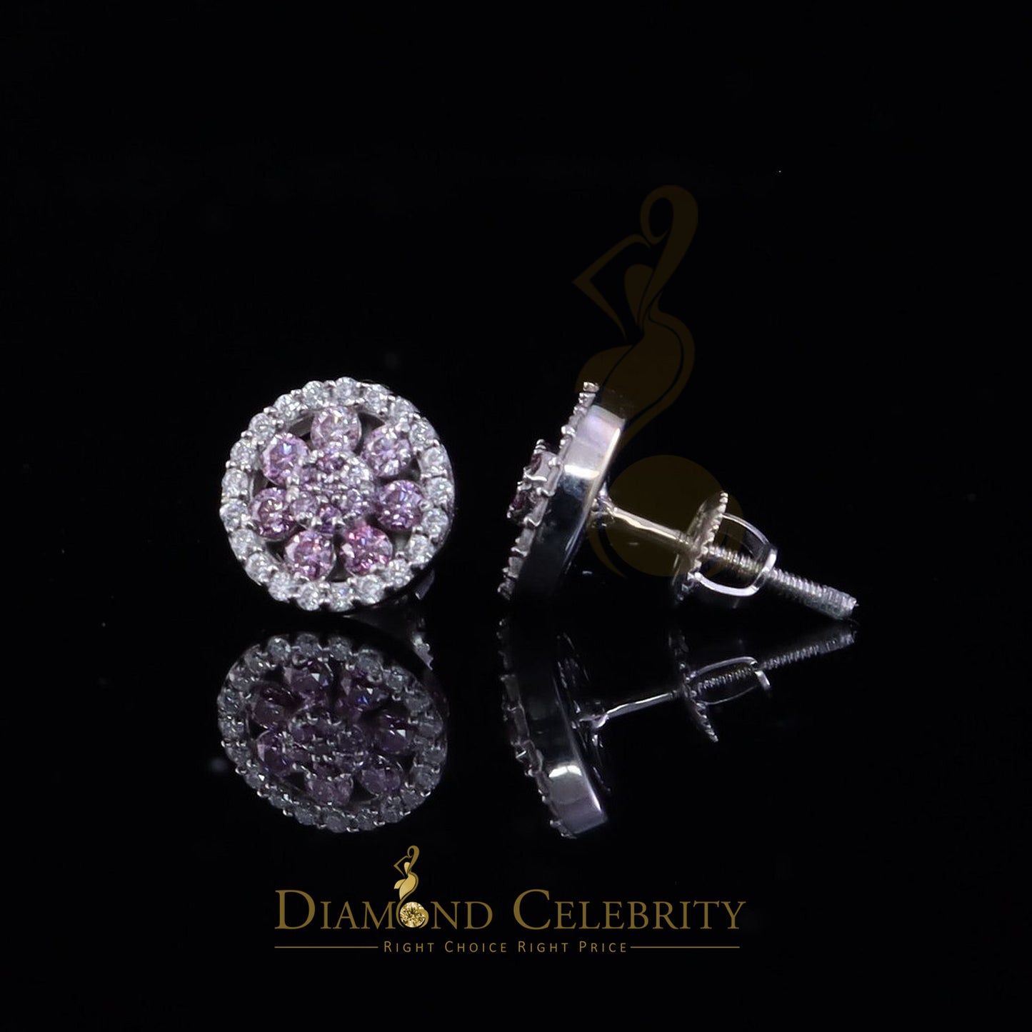 Diamondcelebritees Women's 925 Silver White 0.66ct VVS 'D' Pink Moissanite Round Stud Earrings