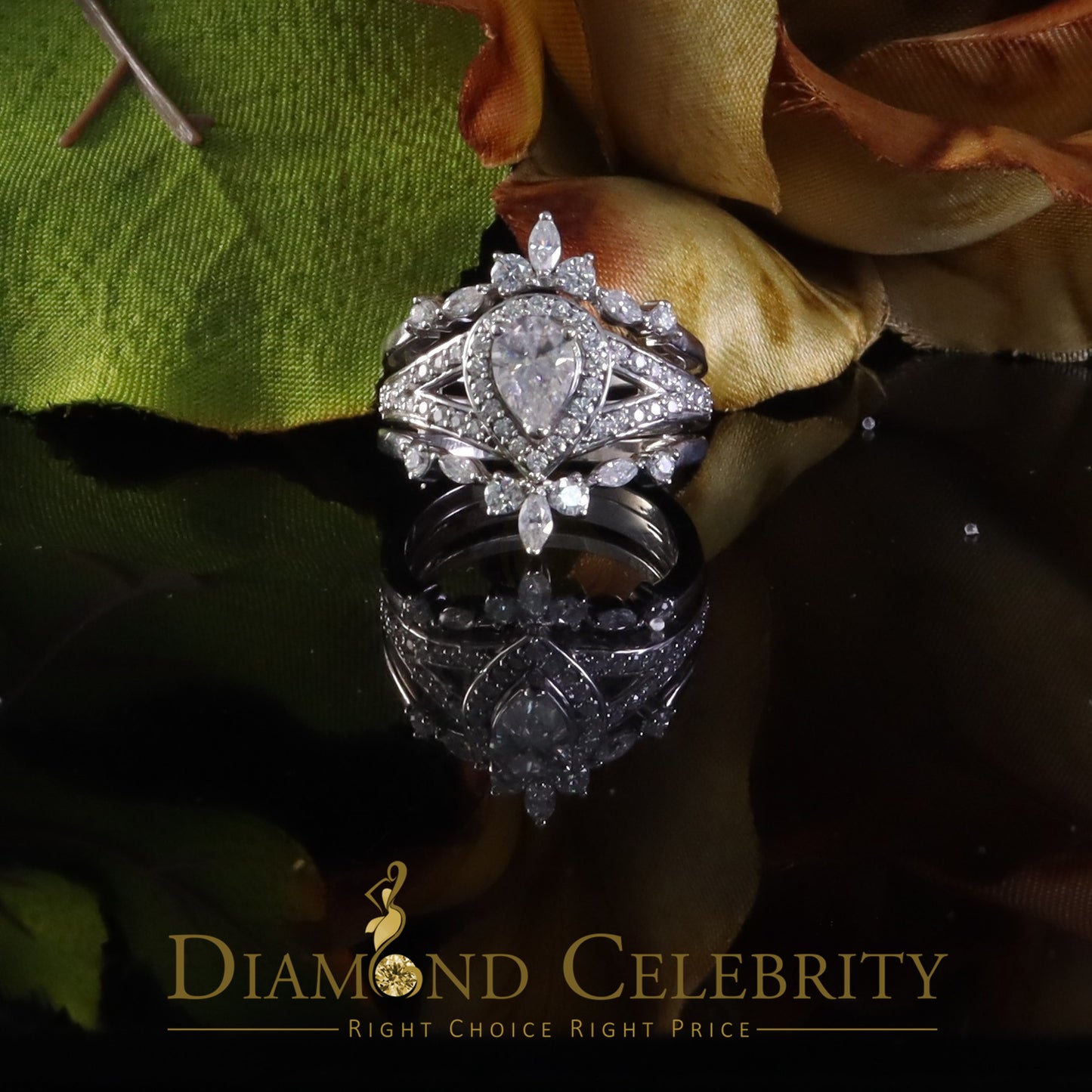 DiamondCelebritees Pear Shape Moissanite Women's 925 Silver White 1.66ct VVS 'D' Ring Guard Size 7