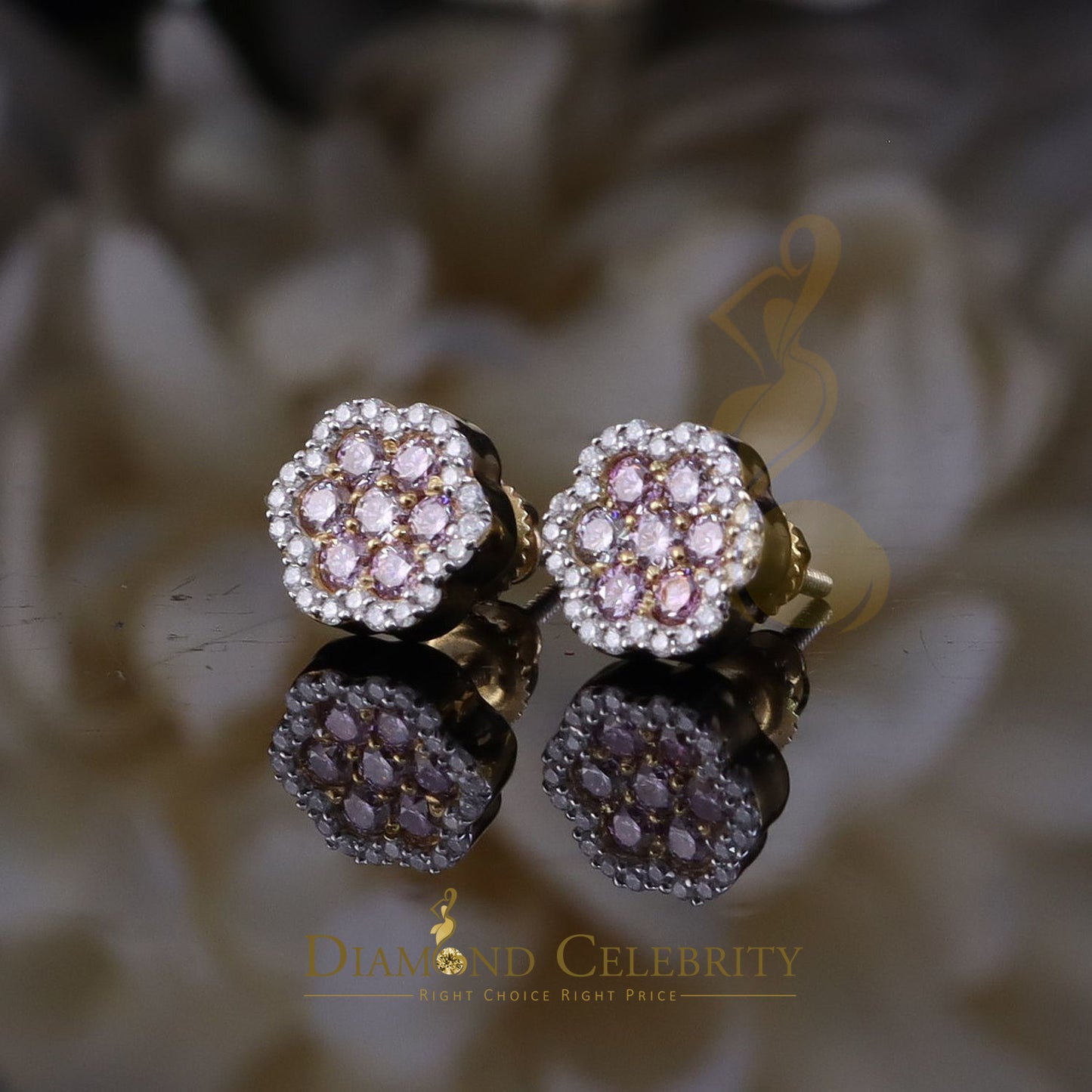 DiamondCelebritees Mens/Women's 925 Silver Yellow 0.66ct VVS D Pink Moissanite Floral Stud Earrings