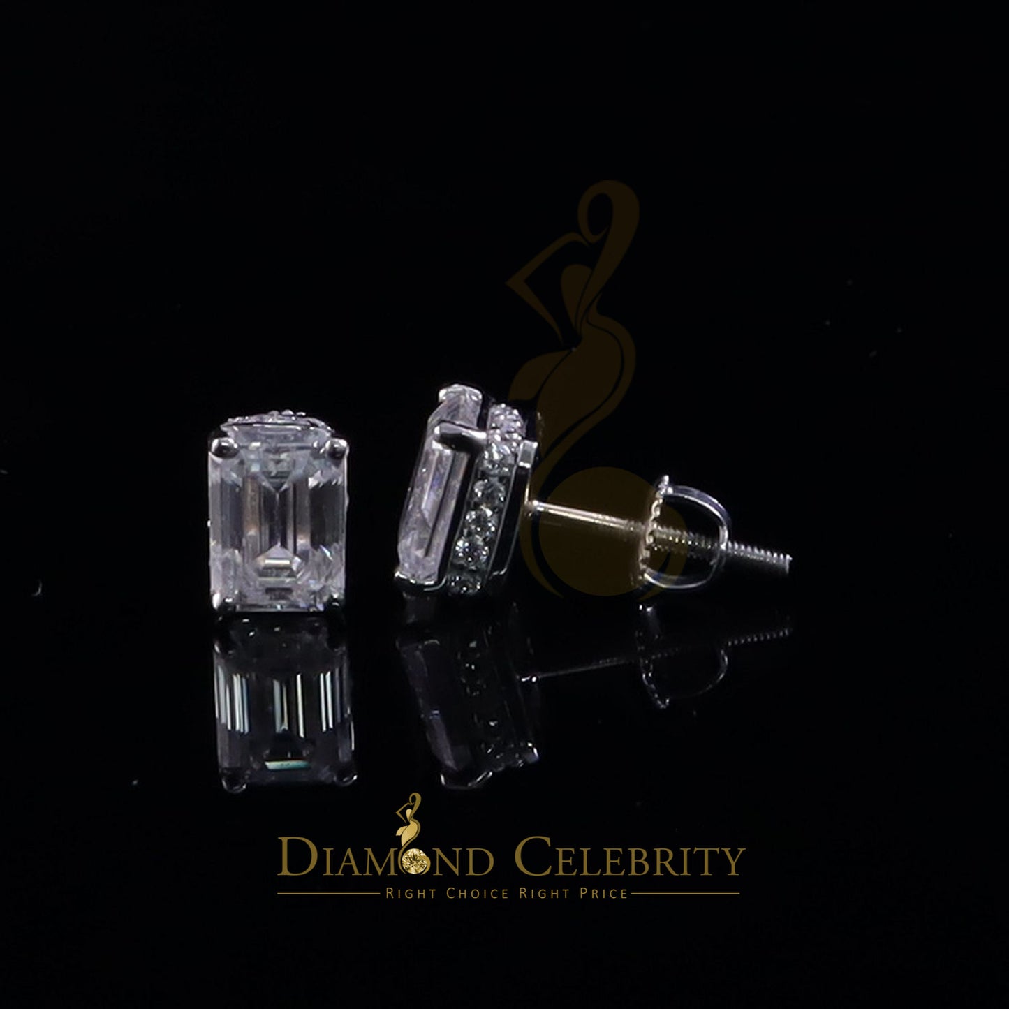 Diamondcelebritees Men's/Women's 925 Silver White 2.50ct VVS D Moissanite Emerald cut Stud Earrings