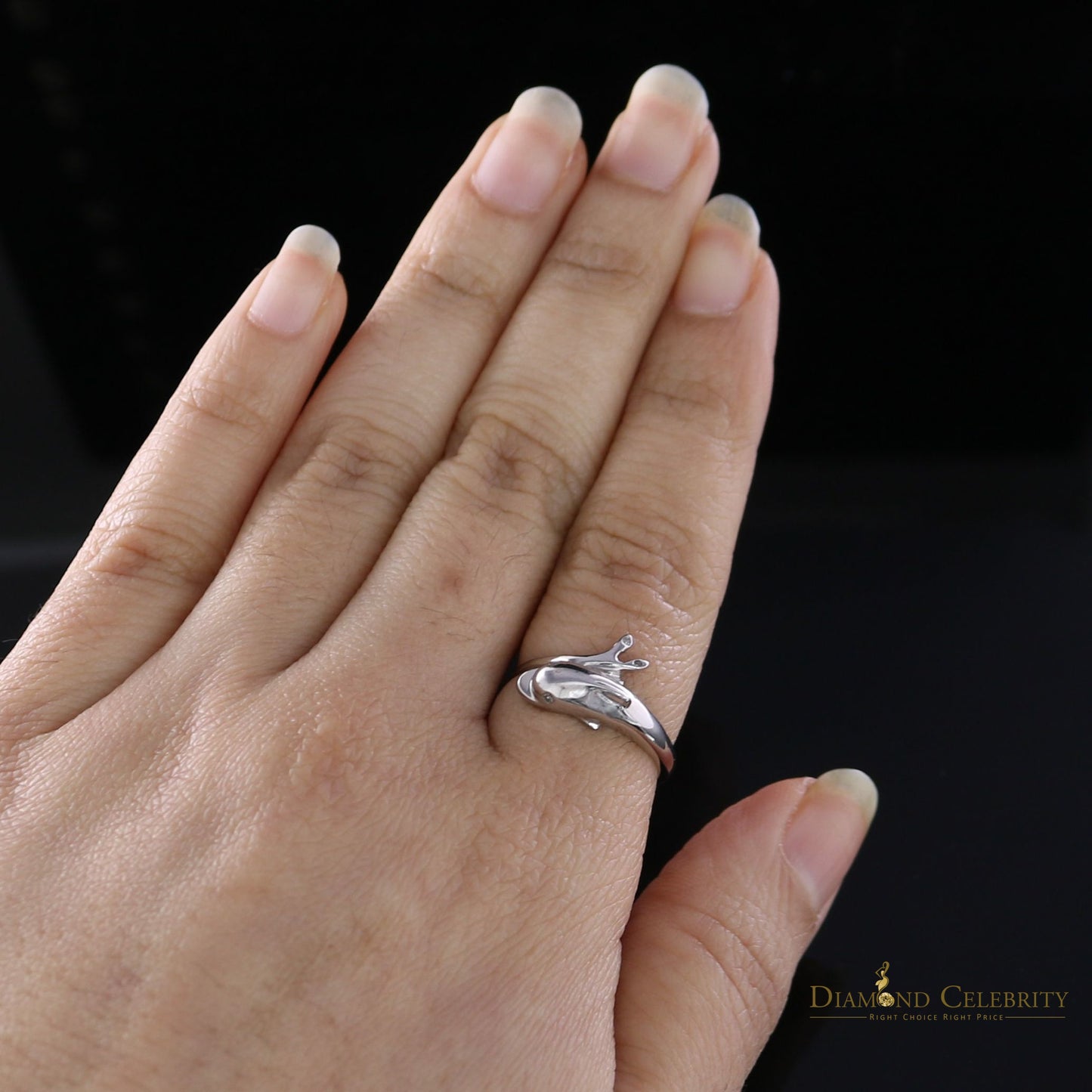 DiamondCelebritees Real 10 kt White Gold with 0.02 CT Genuine Diamond Cute Dolphin Ring Size 6.5
