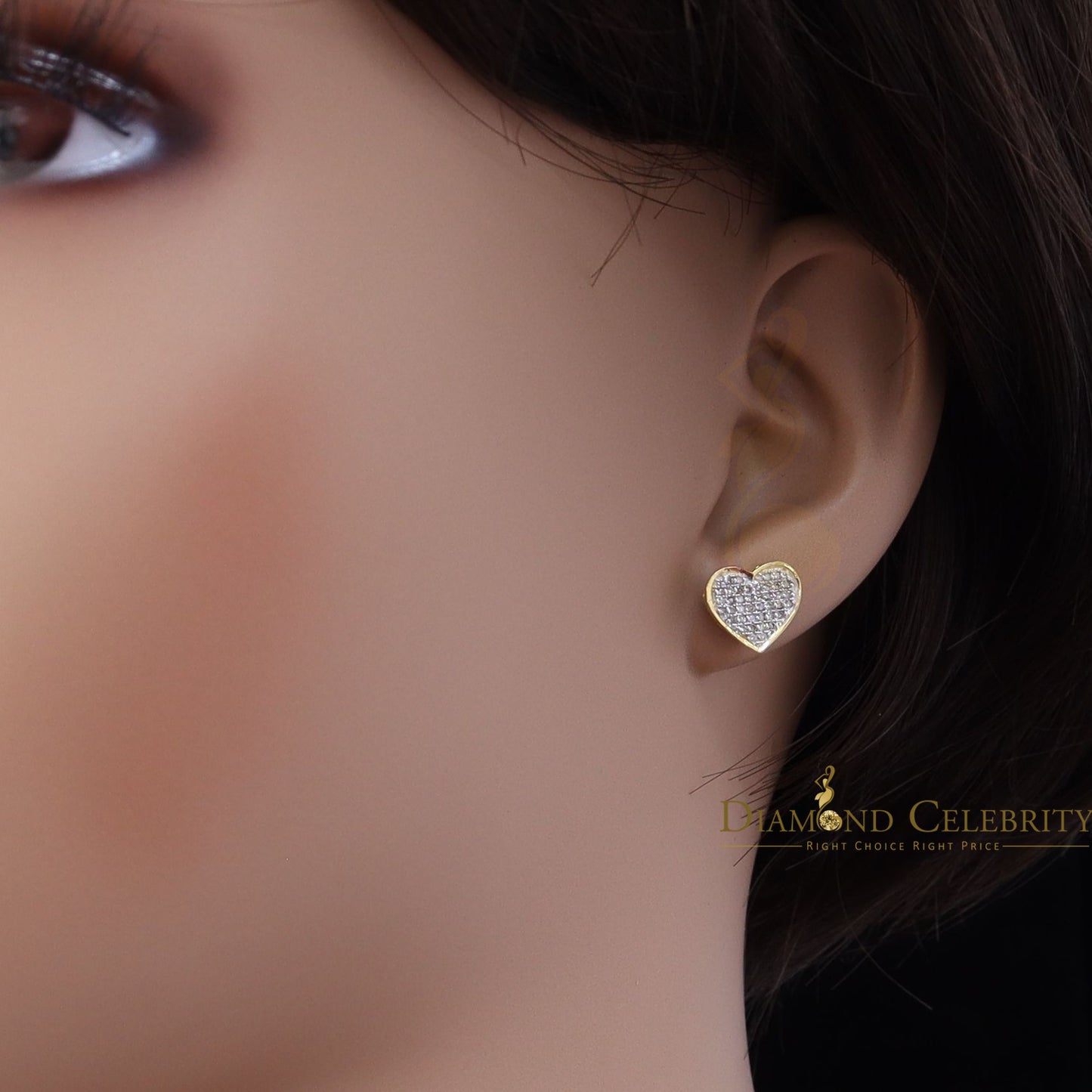 DiamondCelebritees Real 10K Yellow Gold Heart Round Stud 8.58mm Earrings with Real 0.25CT Diamonds