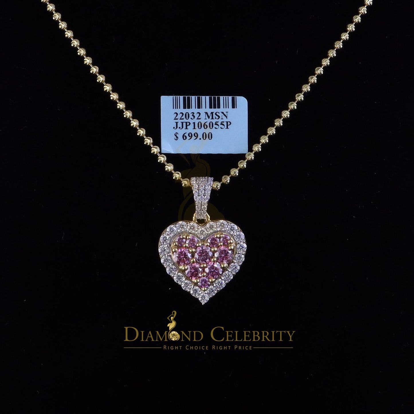 Diamondcelebritees New Men's/Women's 925 Silver White 3.00ct VVS D Pink Moissanite Heart 3D Pendant