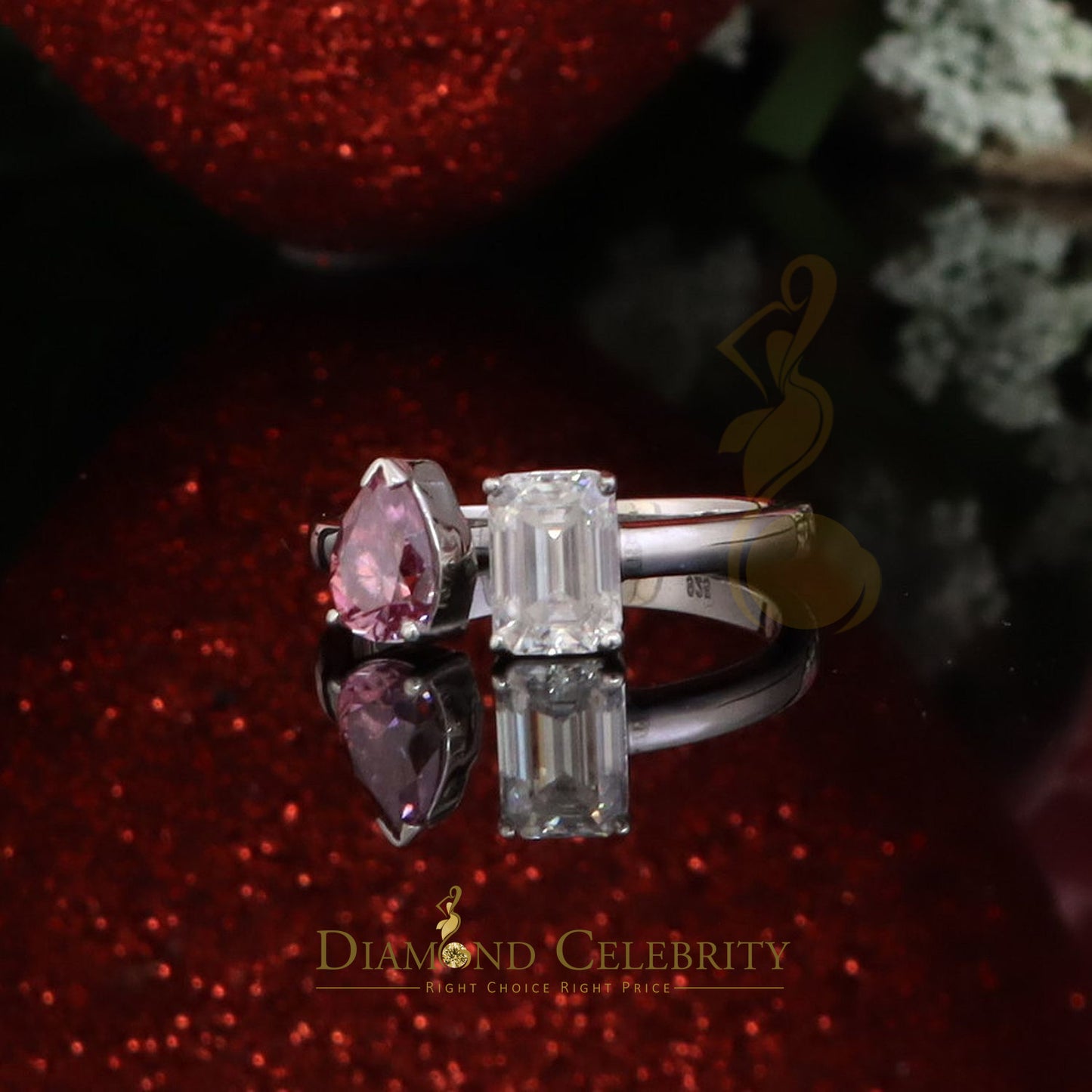 DiamondCelebritees 2.00CT Women's 925 Silver VVS D Pink & White Moissanite Pear Emerald Ring SZ 7