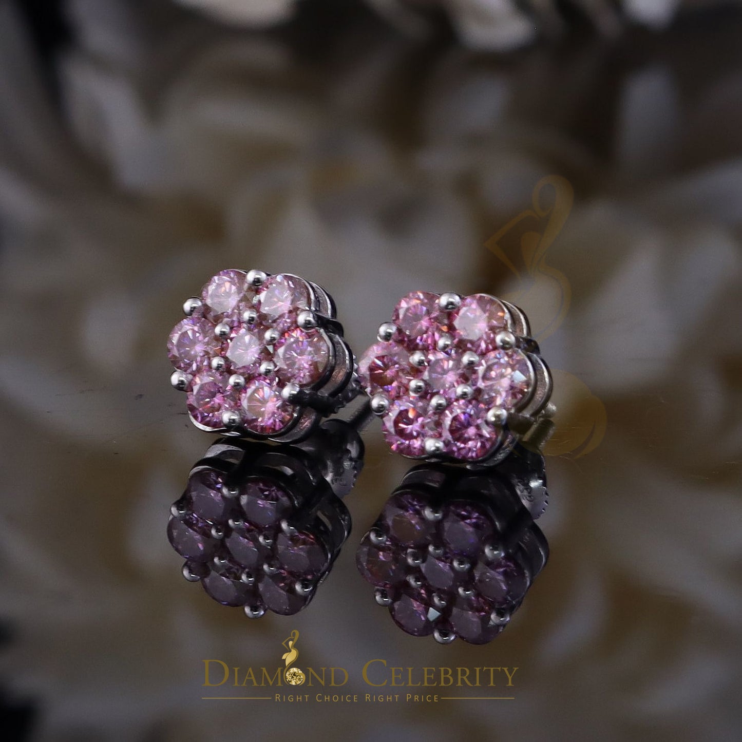 Diamondcelebritees Men's/Women's 925 Silver White 1.66ct VVS D Pink Moissanite Floral Stud Earrings